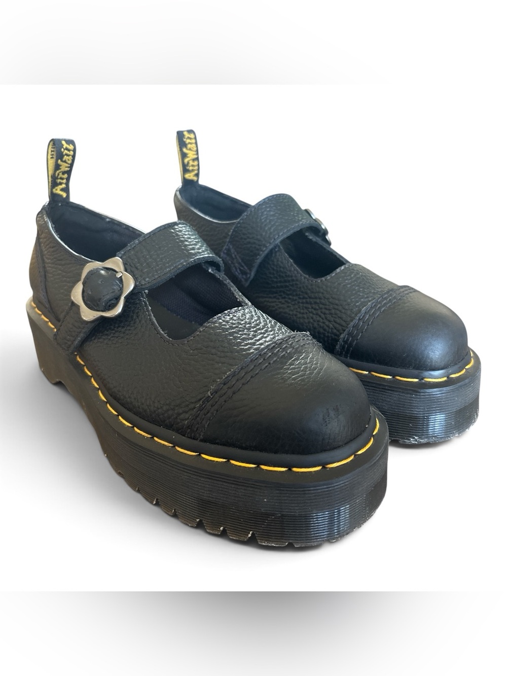 DR. MARTENS ADDINA FLOWER BUCKLE LEATHER PLATFORM SHOES, BLACK, WOMEN’s US 9